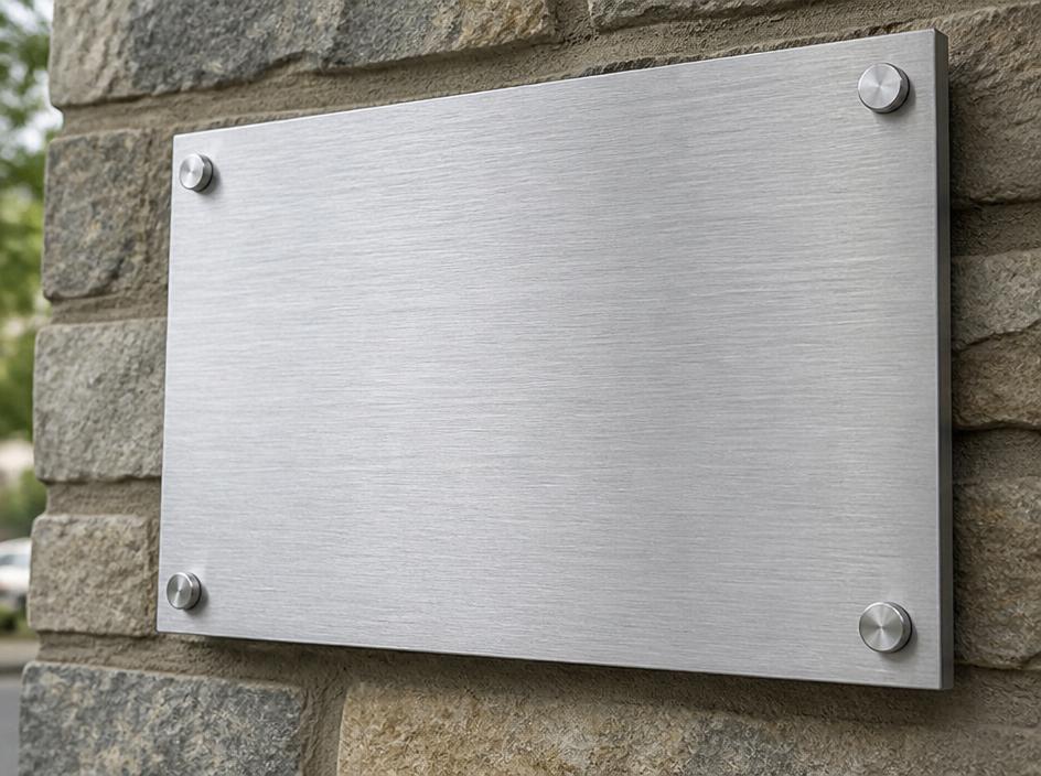 Brushed aluminum sign with dimensional black lettering